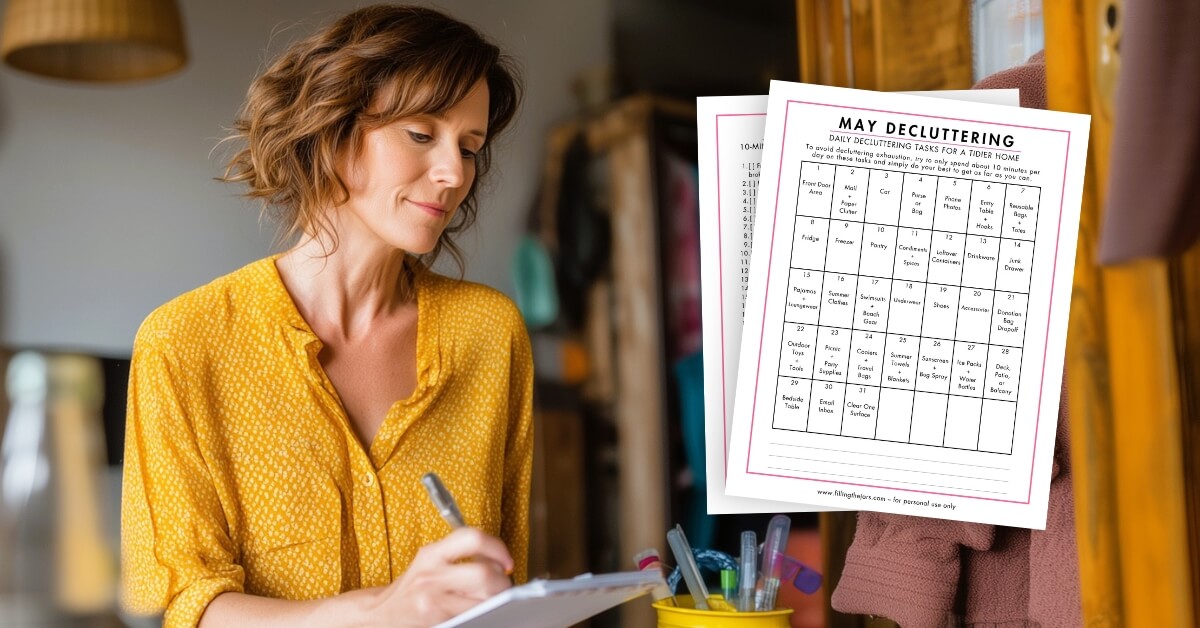A woman in a yellow shirt writes on a clipboard, standing near a container of pens. Next to her is a printed May declutter calendar featuring a daily checklist designed to guide users through decluttering their home throughout the month.