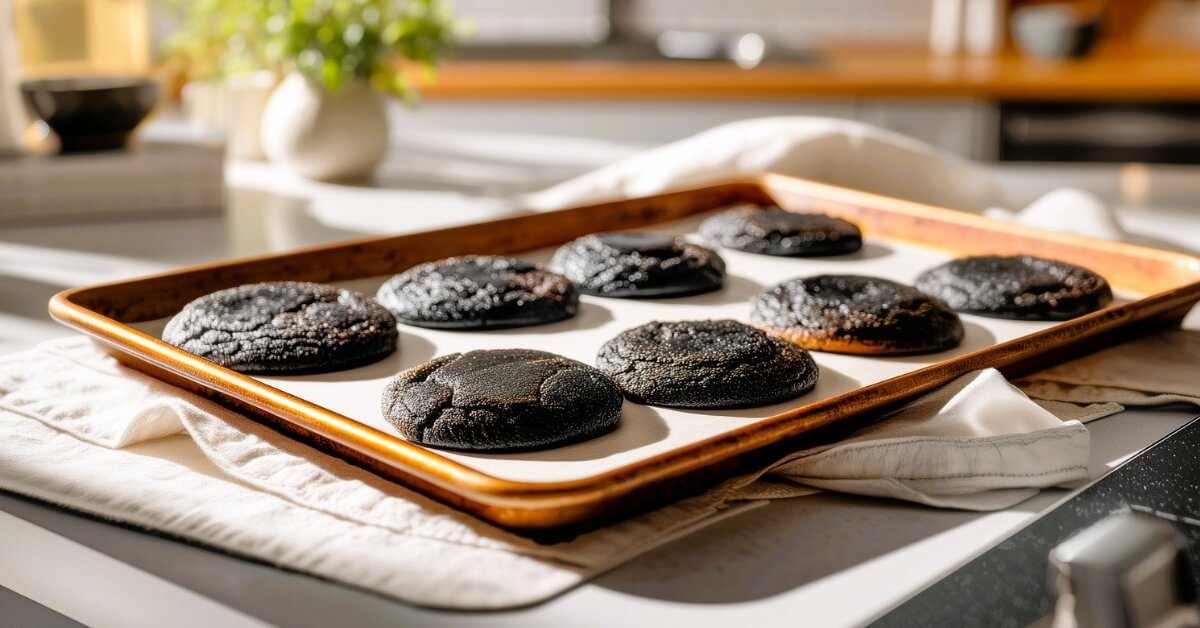A baking tray of burnt cookies sits on a kitchen counter, illustrating the downside of multi-tasking, while implying that mono-tasking is a better productivity method.