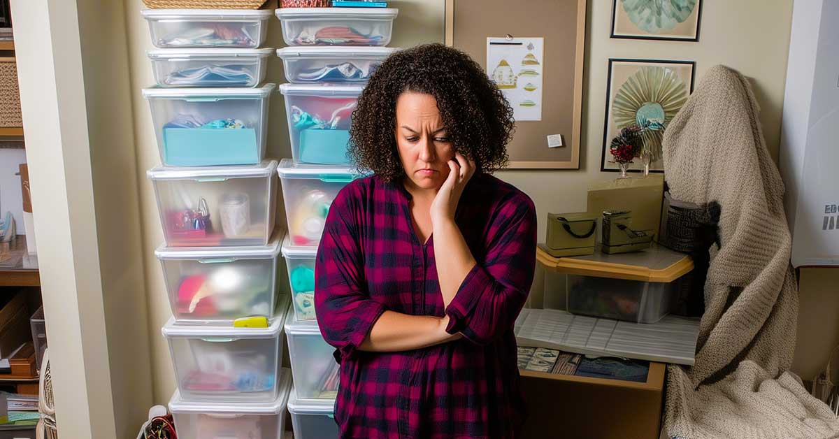 A frustrated woman stands in a cluttered room full of storage bins, showing the need to stop organizing and start decluttering.