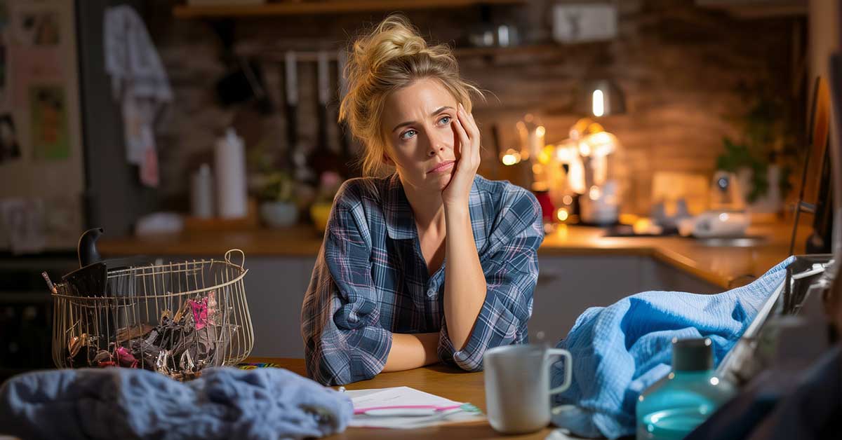 A tired-looking woman in a plaid shirt rests her head on her hand at a cluttered kitchen table, surrounded by laundry, dishes, and cleaning supplies. The image captures the overwhelm of household chores, visually emphasizing the need for practical ways to simplify your home.