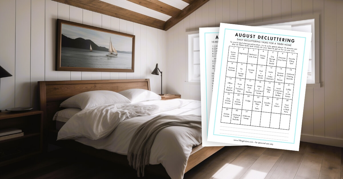 Cozy, minimalist bedroom with a wooden bed frame and white summer bedding, overlaid with a mockup of a printable August declutter calendar.