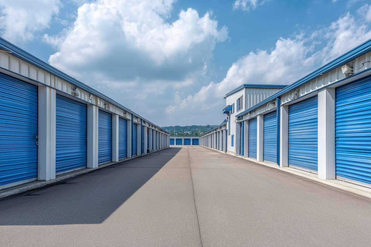 A long row of storage units with closed blue doors creates a sense of hidden clutter lurking behind them. The neat exterior masks the potential accumulation of forgotten and disorganized belongings stored out of sight.