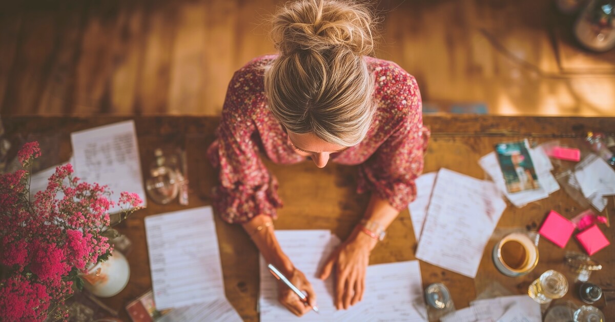 Overhead view of a woman writing on paper at a wooden desk surrounded by documents, pink flowers, a coffee cup, and office supplies. The image reflects the concept of creating multiple checklists and plans, perfectly capturing the idea of lists to make to organize your life.