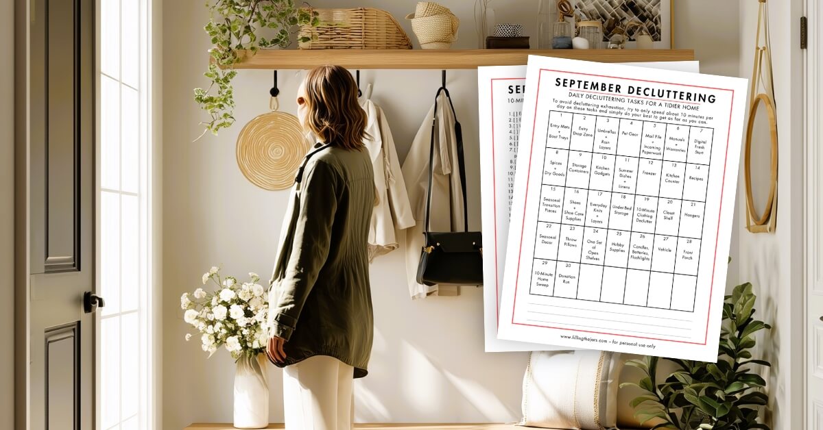 A woman stands in a bright, organized entryway with natural light pouring in, facing a minimalist coat rack and shelf setup, while a printed September declutter challenge checklist is overlaid in the foreground.