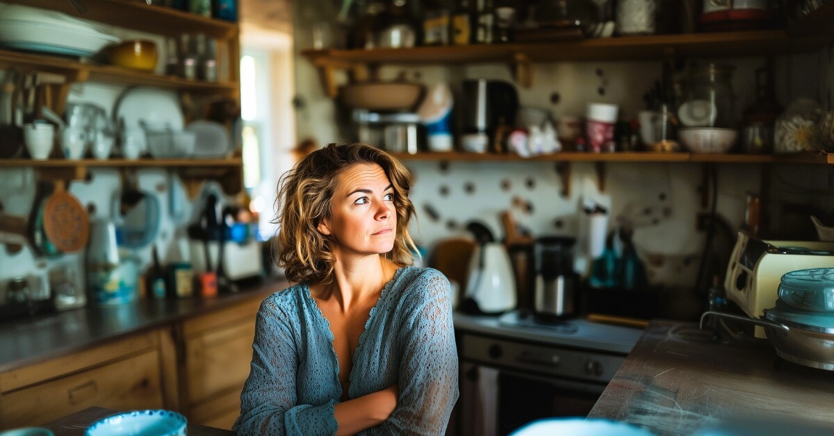 A woman sits in a crowded kitchen with open shelving full of mismatched dishes, small appliances, and cluttered countertops, looking off to the side with a contemplative expression. The scene visually represents one of the common signs it’s time to declutter: feeling overwhelmed or distracted by a disorganized space.