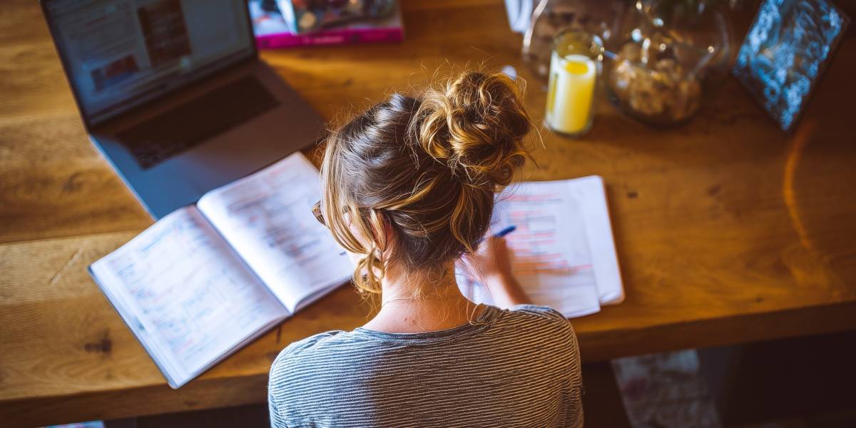 Overhead view of a woman in a cozy sweater making a list of January monthly menu ideas for meal planning.