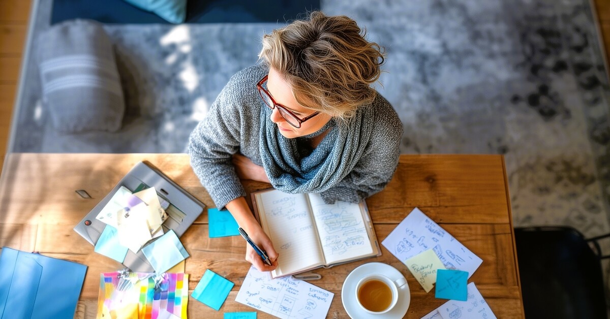 A woman with short hair and glasses sits at a wooden desk writing in a notebook, surrounded by sticky notes, color swatches, and a cup of tea. The cozy setting reflects a creative and reflective process of how to plan goals for the new year.