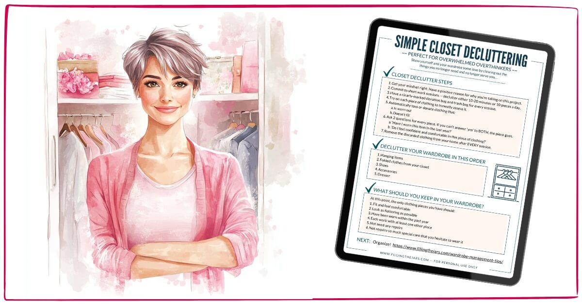 Watercolor illustration of a smiling woman standing in front of an organized closet with neatly hung clothes and shelves while a tablet beside her displays a Simple Closet Decluttering checklist with steps for how to spring clean your closet.