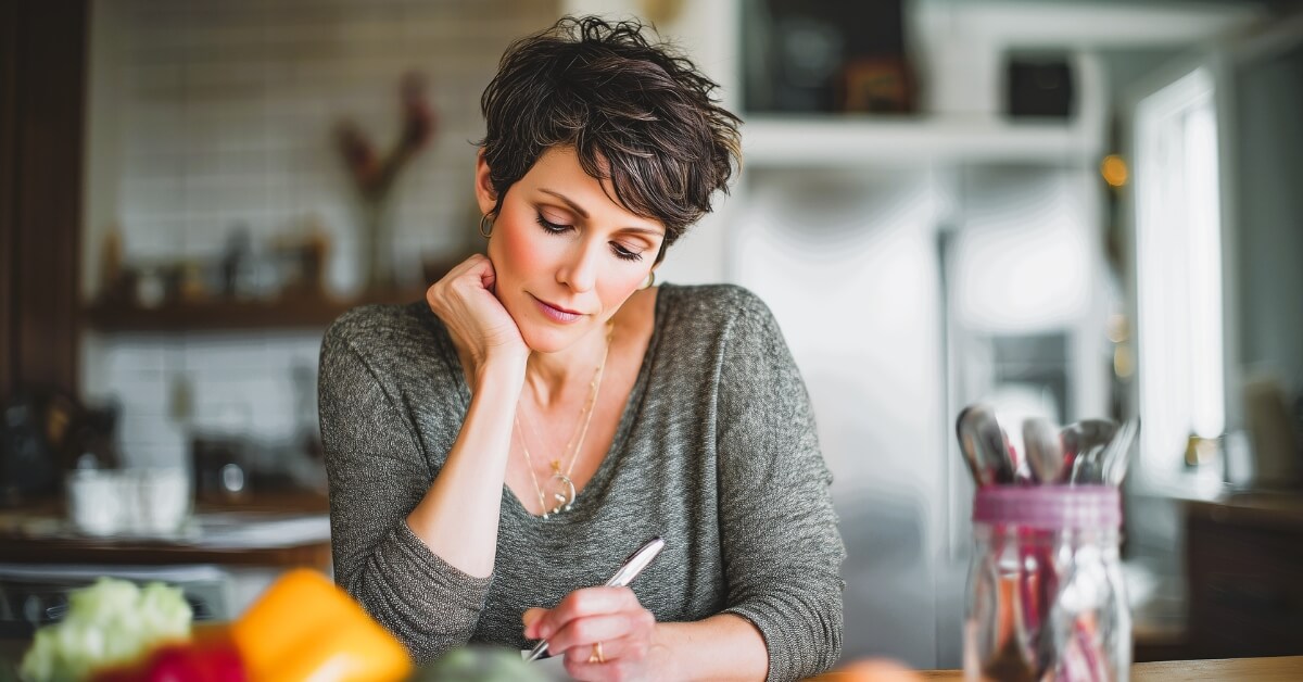 Woman with short dark hair sits at a kitchen table writing in a notebook with fresh vegetables blurred in the foreground, capturing a quiet moment of meal planning using a master list of dinner ideas to organize family dinners.