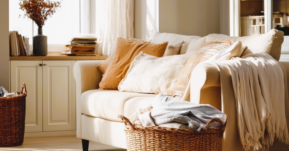 Bright and cozy living room with a cream sofa layered in neutral pillows and a soft throw blanket, wicker baskets on the floor, and warm sunlight streaming through a nearby window. The calm, minimalist setup reflects the simplicity and comfort that can come from embracing a low spend month.