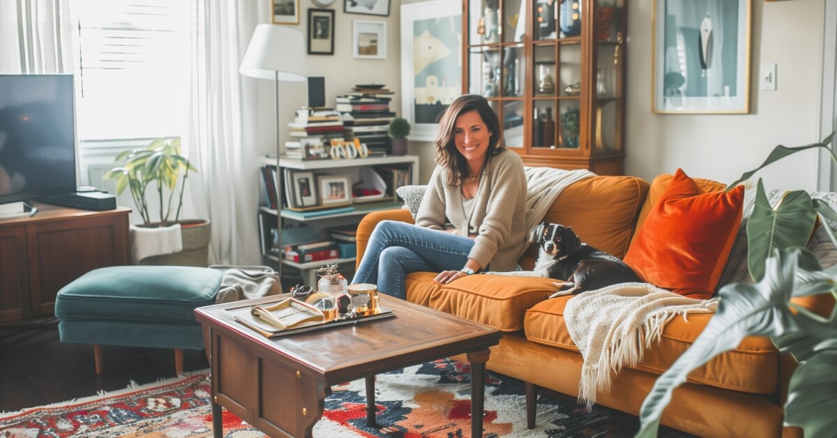 Woman relaxing on a mustard sofa with her dog in a warmly styled living room with layered decor and plants. The space feels inviting and lived in representing a comfortable imperfect home.