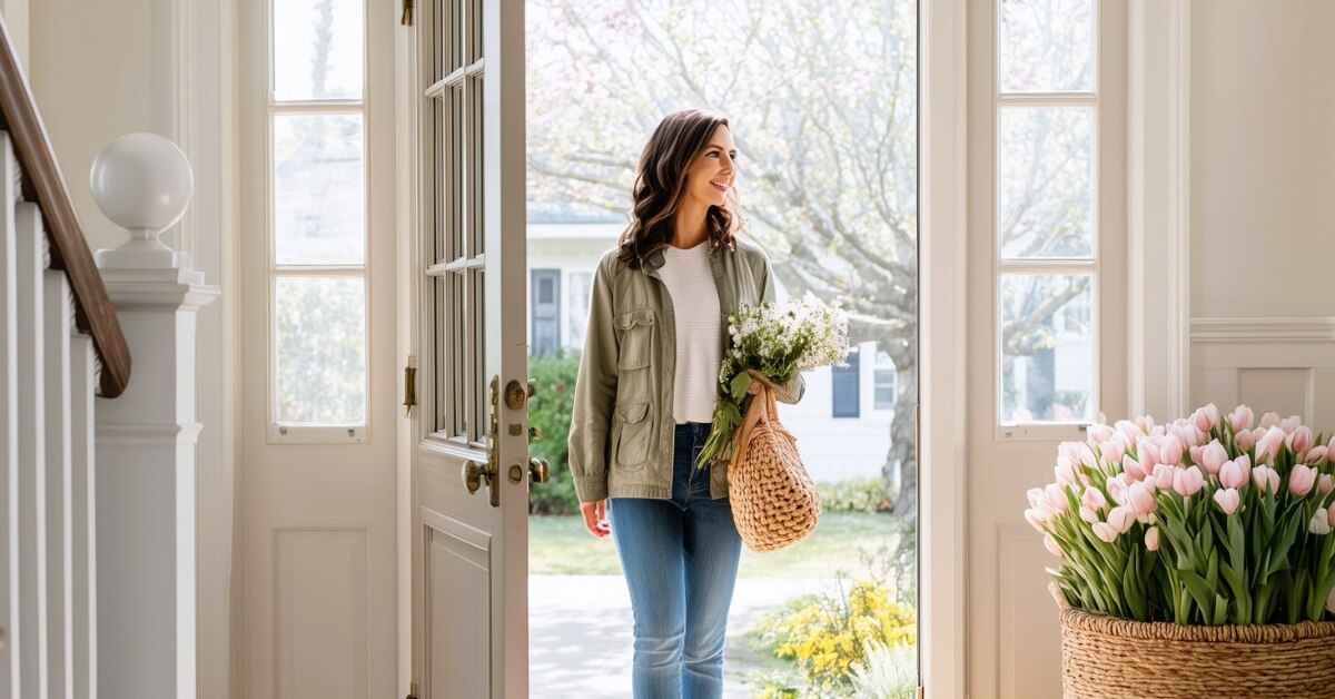 A smiling woman walks through an open front door holding fresh flowers and a woven bag beside a large basket of pink tulips. The bright airy entryway reflects the fresh start feeling of choosing to spring clean your life.