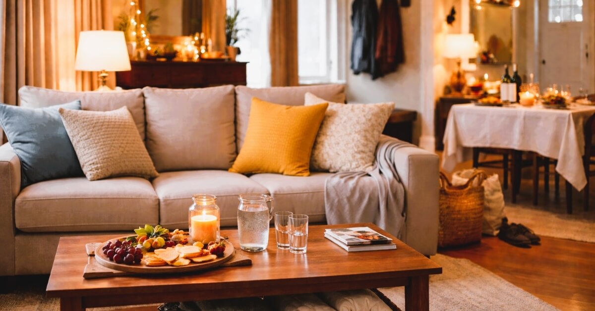 Cozy living room with a sofa, warm lights, and a coffee table set with snacks and drinks ready for visitors showing how to get your house ready for guests in one day. The space looks clean, welcoming, and prepared for company.