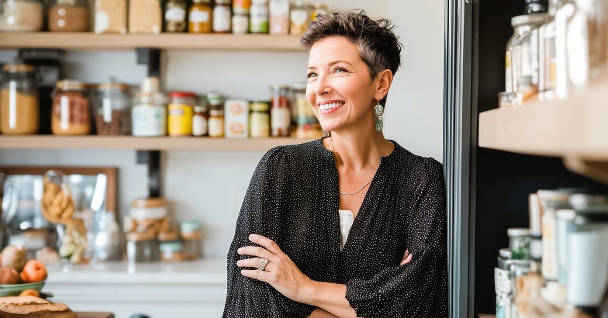 Smiling woman standing beside neatly arranged pantry shelves filled with jars and ingredients illustrating how to stock a small pantry for everyday cooking.