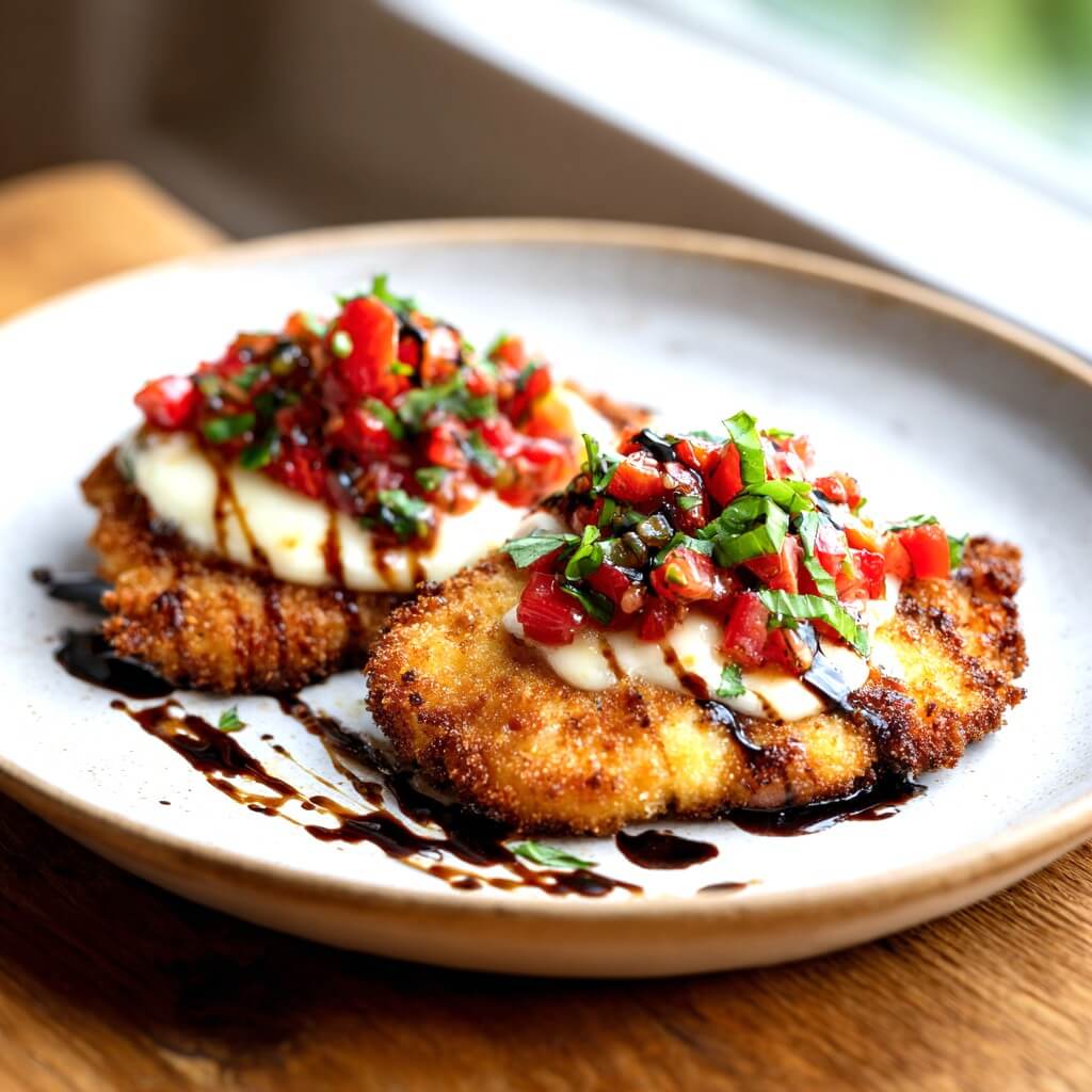 Two crispy breaded patties topped with melted cheese diced tomatoes fresh herbs and balsamic glaze arranged on a plate near a window.