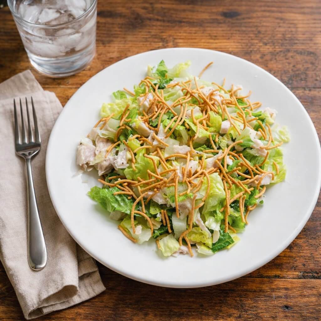 Chopped lettuce salad topped with chicken breast pieces, crispy noodles, and homemade Asian dressing on a white plate with a glass of water and fork on a wooden table.