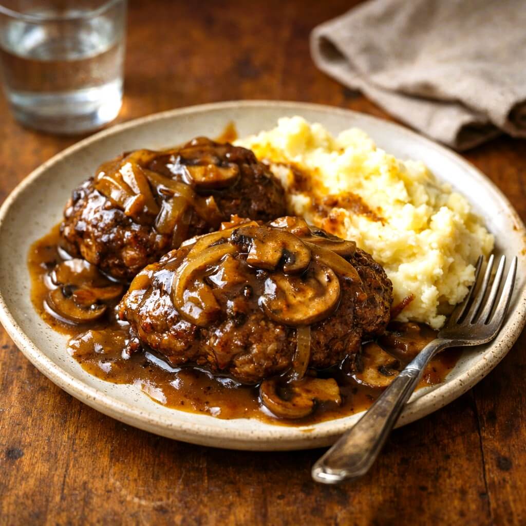Salisbury steak patties covered in mushroom and onion gravy served with mashed potatoes on a plate with a fork and glass of water on a wooden table.