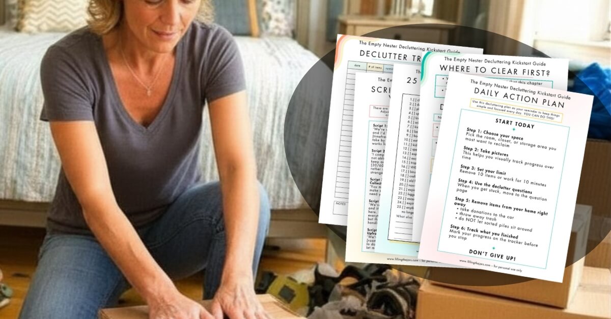 Woman kneeling on the floor packing items into a cardboard box in a bedroom while printable decluttering worksheets are shown beside her representing empty nest decluttering and getting started with sorting and organizing belongings.