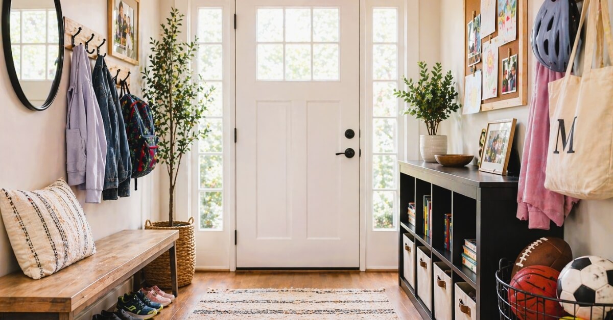 Bright, tidy entryway using practical home organization tips for summer with wall hooks for coats and bags, a wooden bench with shoes underneath, cubby storage, framed family photos, and a basket holding sports balls.