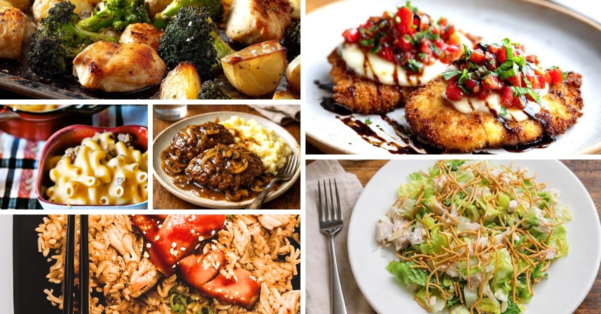 Collage of quick and easy home cooked meals arranged in a grid, representing a variety of simple and family friendly May dinner ideas.