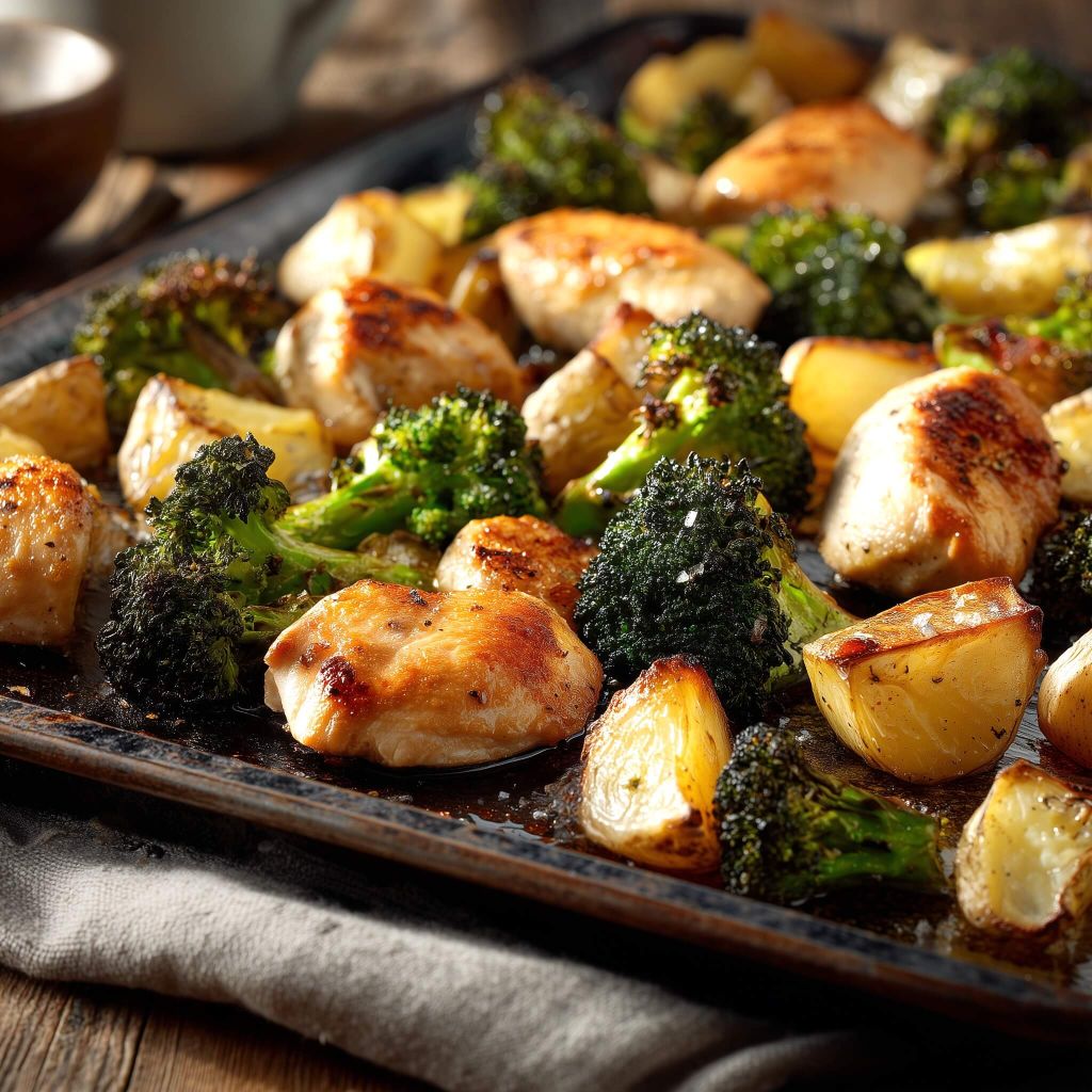 Roasted chicken pieces with browned edges on a sheet pan baking tray with broccoli florets and golden roasted potatoes glistening with oil and seasoning.