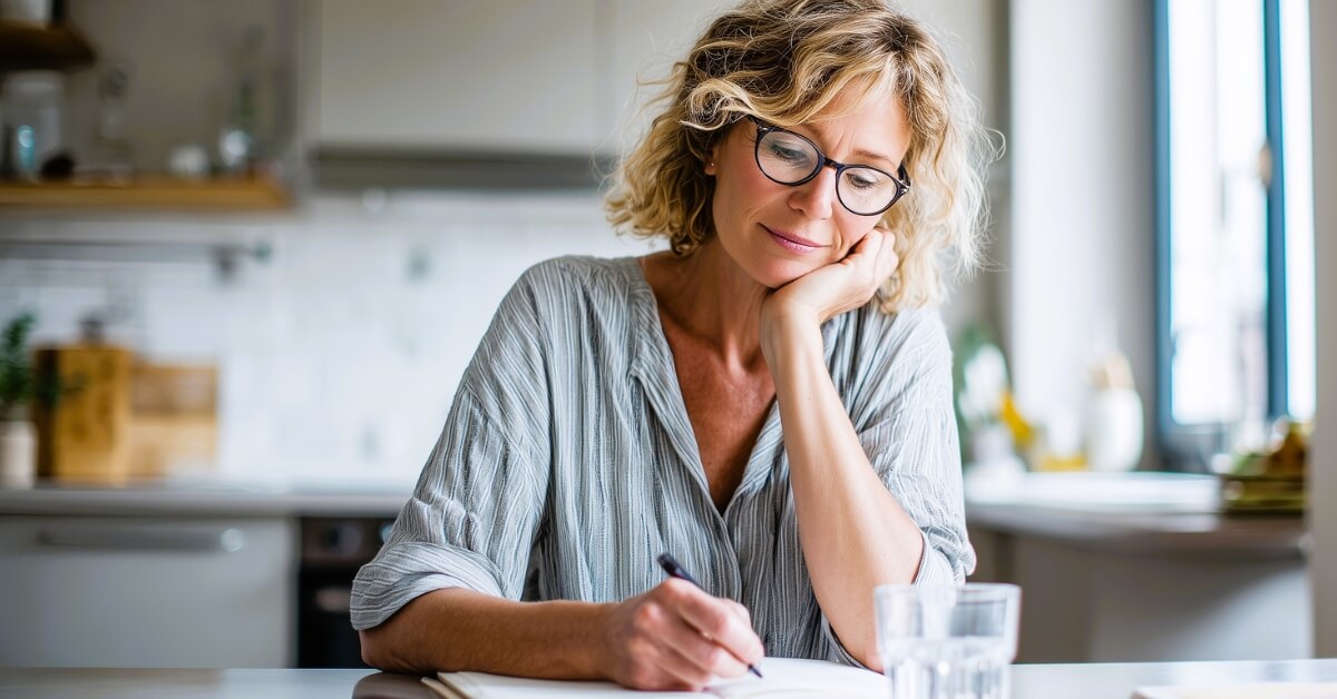 Woman with short curly hair and glasses sits at a kitchen table writing in a notebook with a pen, resting her head on her hand. Bright natural light fills the modern kitchen behind her, showing a calm moment of planning using the master meal list method.