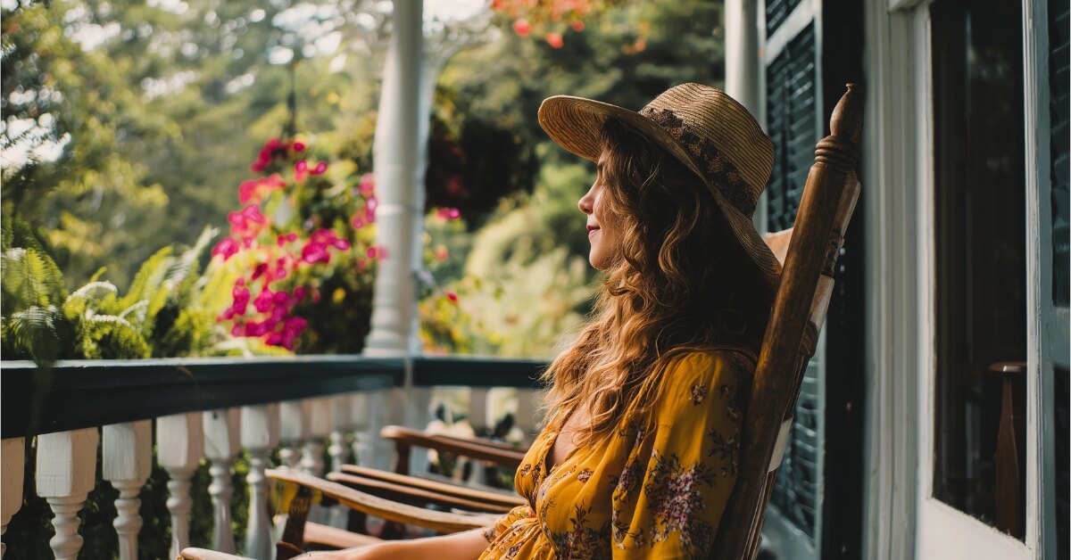 Woman in a yellow dress and straw hat sits on a porch rocking chair surrounded by a green yard with flowers, representing simple pleasures at home for low spend days and quiet slow living moments.