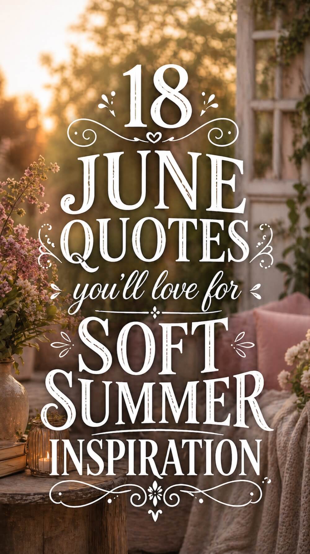 Warm summer porch scene with flowers, candles, soft pillows, and white decorative text that says “18 June quotes you’ll love for soft summer inspiration.”