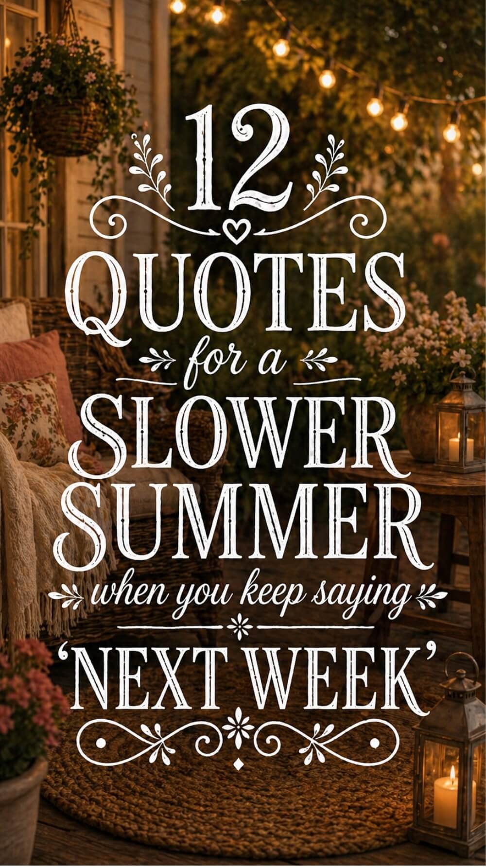 Cozy porch at dusk with string lights. hanging flowers. candles. and large white decorative text that says "12 Quotes for a Slower Summer when you keep saying Next Week."