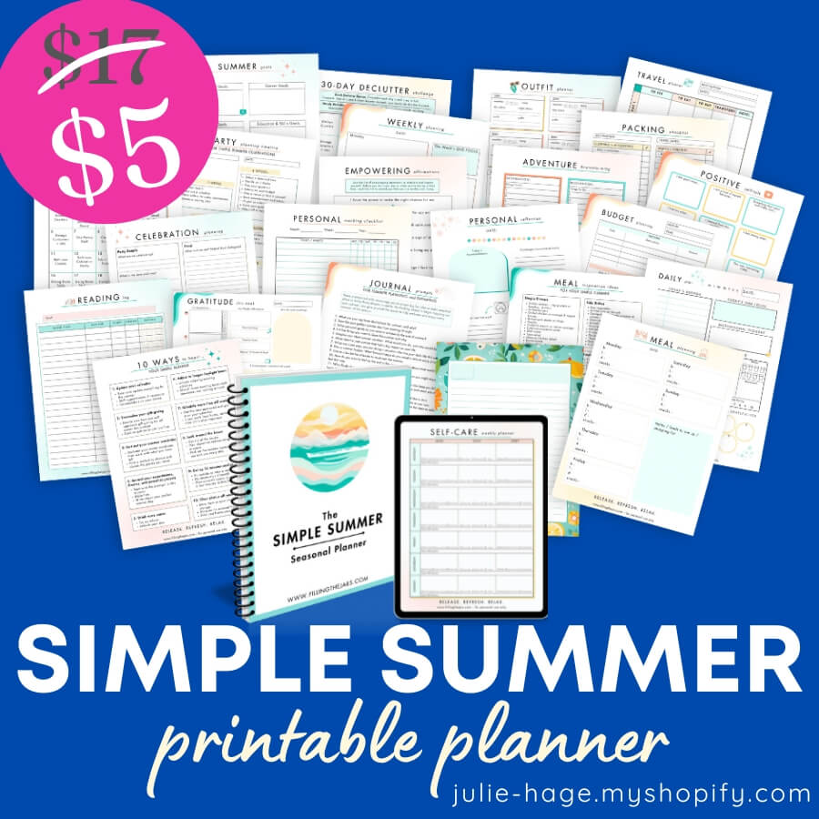 Simple summer planner product graphic on a blue background with printable pages. a spiral planner mockup. and a tablet preview.