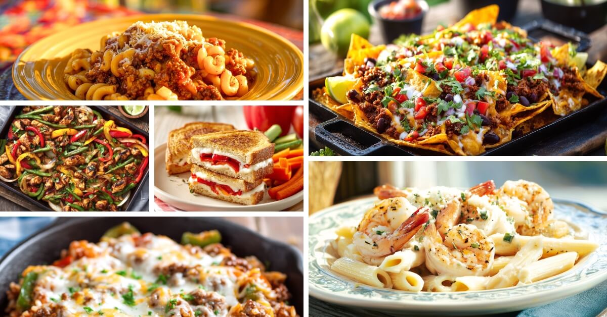 Five panel food collage of a bright variety of quick homemade meals presented as June dinner ideas for busy families.