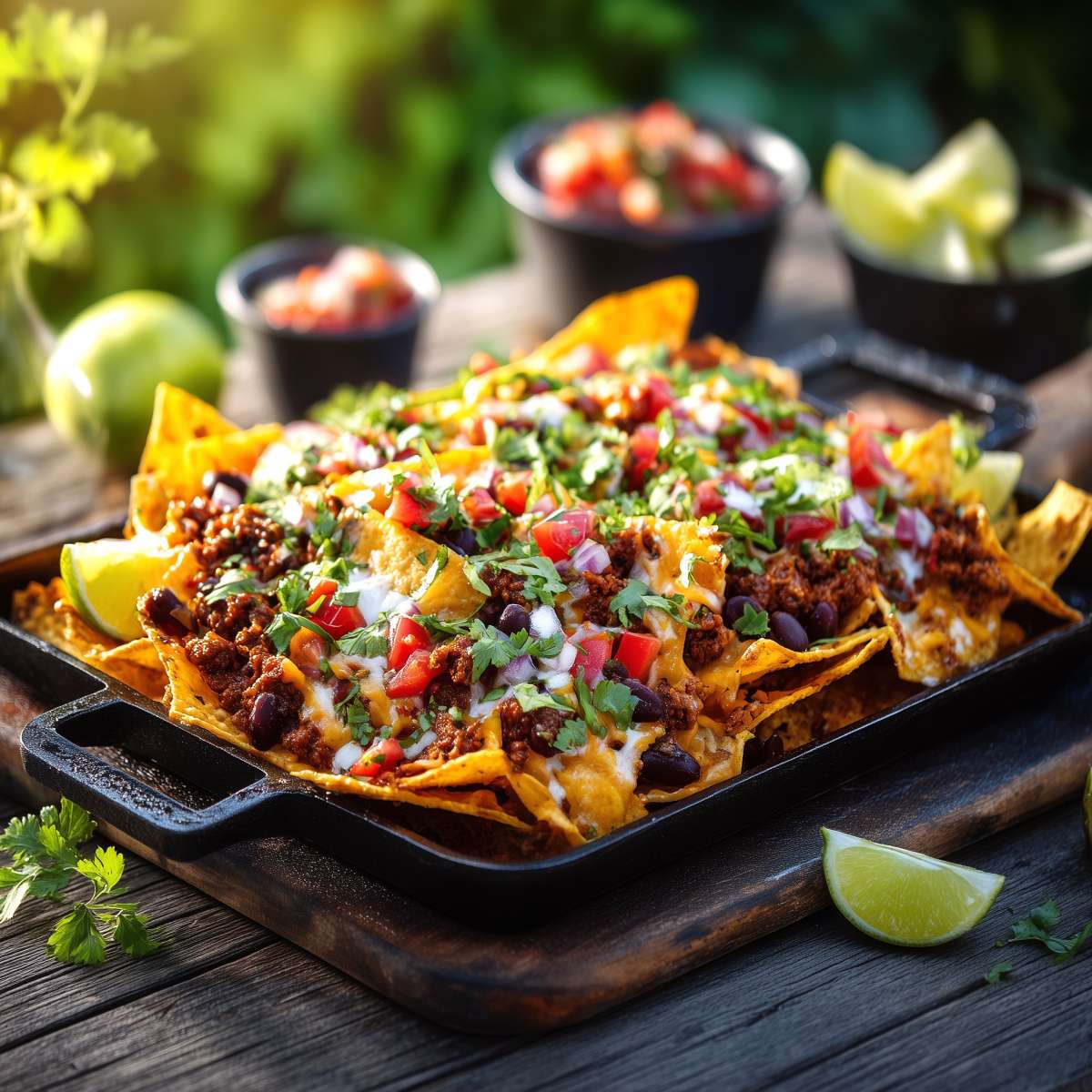 June dinner idea of loaded nachos topped with melted cheese, seasoned beef, black beans, diced tomatoes, red onion, and fresh cilantro with lime wedges on the side.