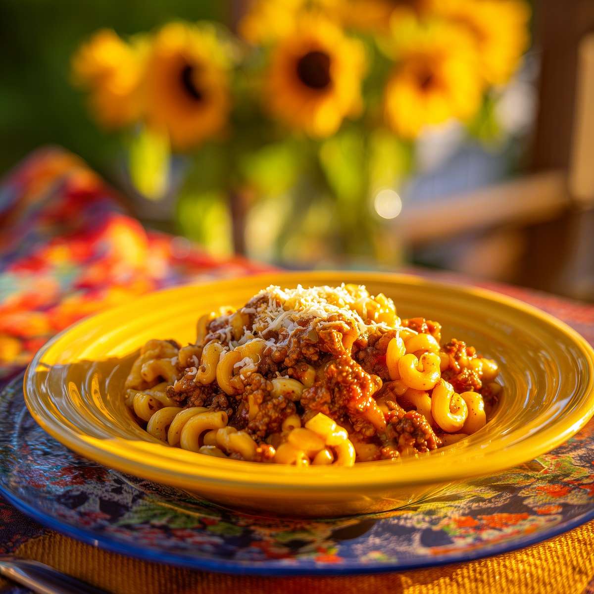 Easy June supper idea - a bowl of beefy mac and cheese with a light sprinkle of cheese in summer evening sunlight.