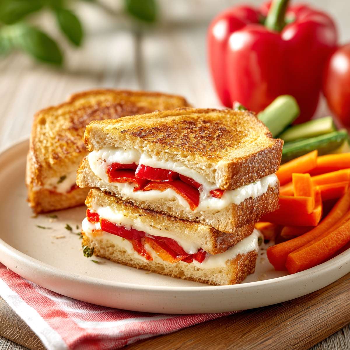 Golden toasted sandwiches layered with melted cheese and roasted red peppers served with fresh cut carrots and vegetables on the side for a quick June meal.