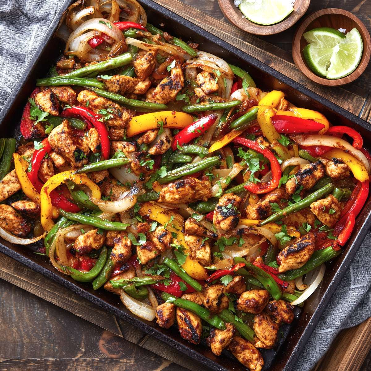 Sizzling tray of grilled chicken strips with onions and red, yellow, and green peppers with lime wedges nearby for a fresh June dinner idea packed with color and flavor.