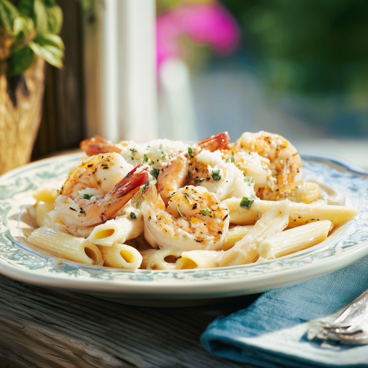 Creamy penne pasta topped with seasoned shrimp, herbs, and grated cheese on a white plate by a sunny window - a simple yet elegant June dinner idea for a relaxed evening at home.