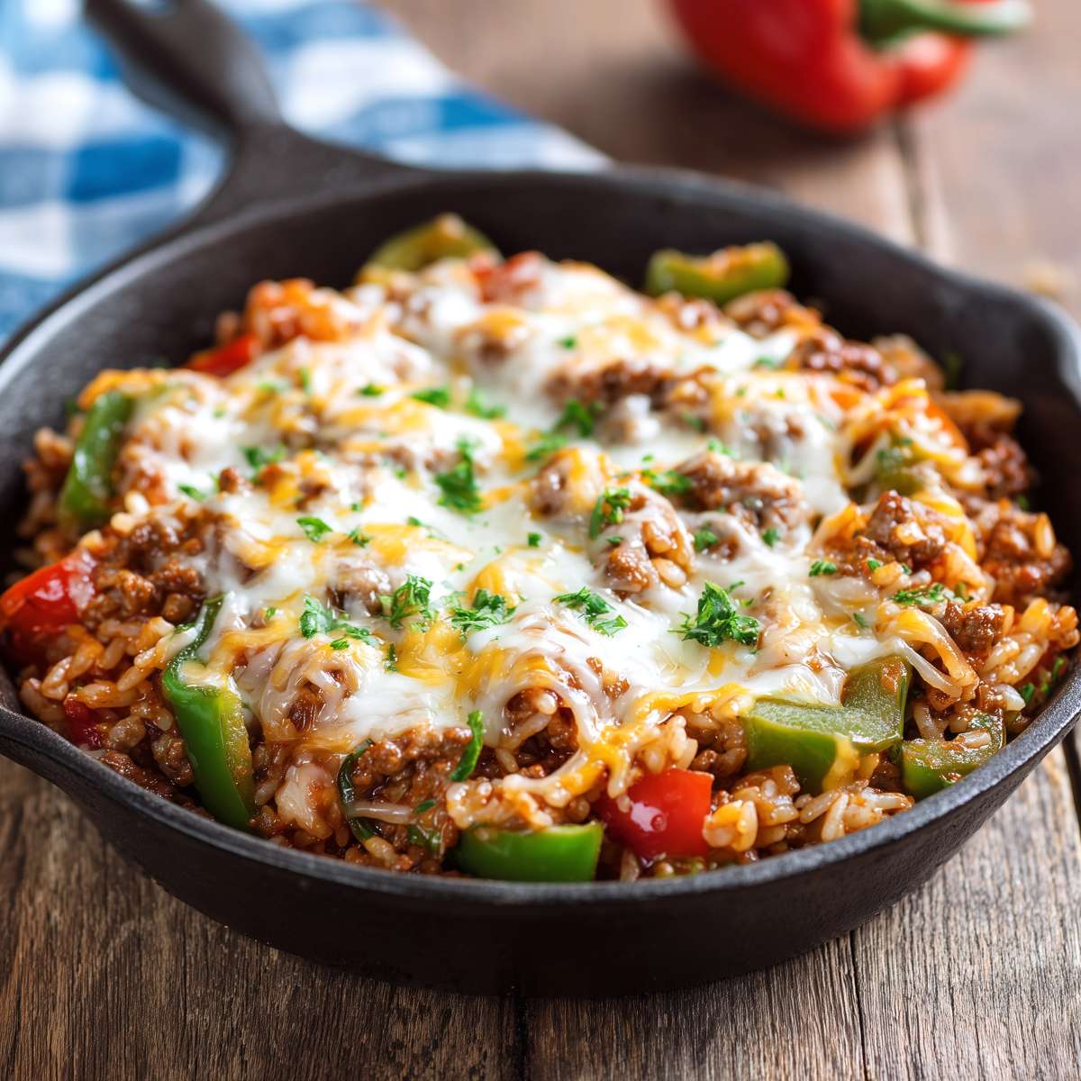 Skillet filled with cheesy beef and rice mixed with green and red bell peppers and finished with fresh herbs - a one pan meal that makes a satisfying June dinner.